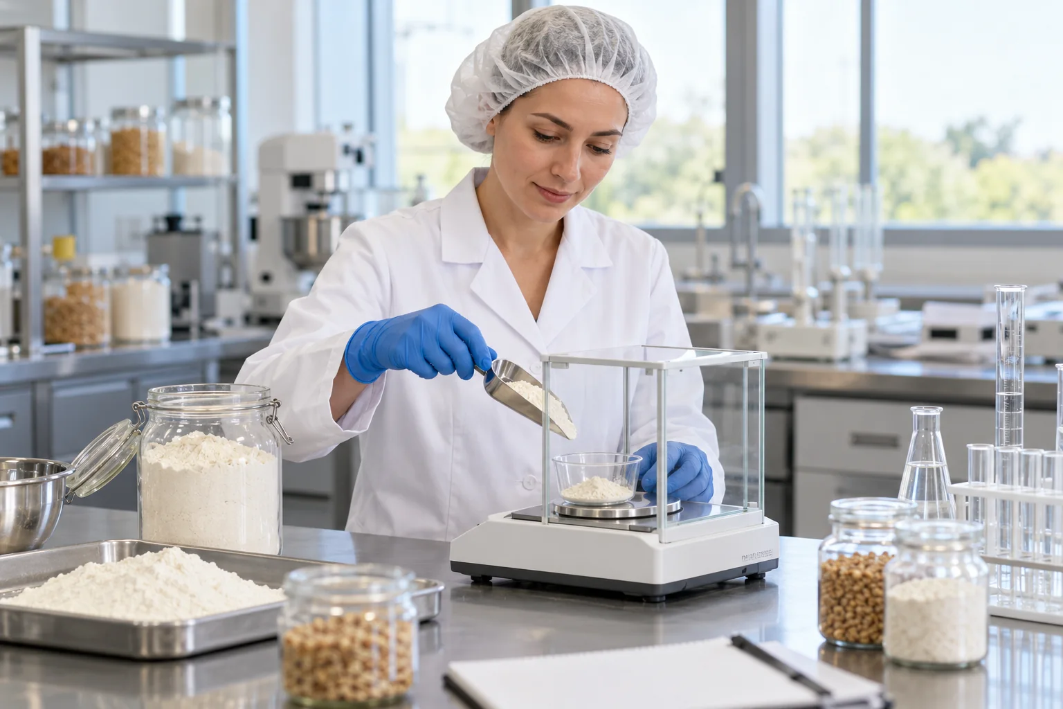 Female food scientist in a white coat, white hygienic cap and gloves testing flour; conceptual food laboratory image